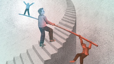An illustration of someone walking up the stairs while balancing happy and sad reactions