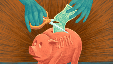 An illustration of currency being cut in half as it is put into a piggy bank