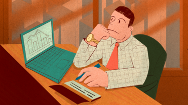 An illustration of a CEO looking at stock prices and hesitating to write a check