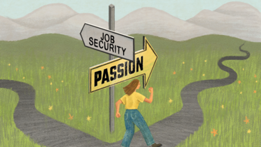 A woman following a sign pointing to "passion" at a fork in the road