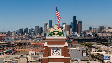 A aerial view of Starbucks’ headquarters in Seattle