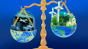 A scale weighing climate-friendly investments against polluting ones