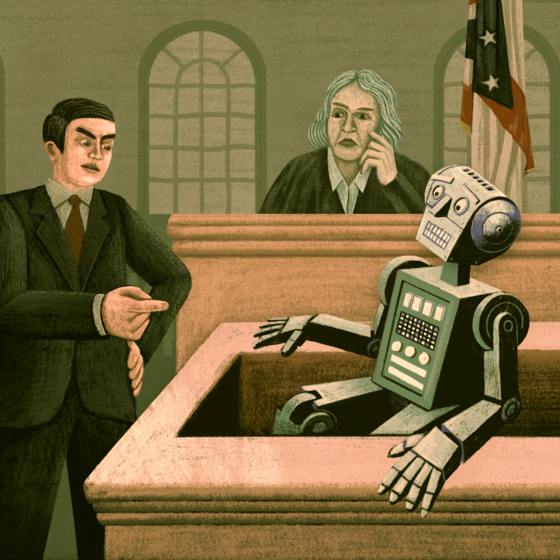A robot being questioned in a courtroom