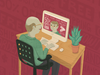 An illustration of a bald man looking at an ad for a hair growth product that includes a version of himself with hair