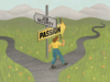 A woman following a sign pointing to "passion" at a fork in the road